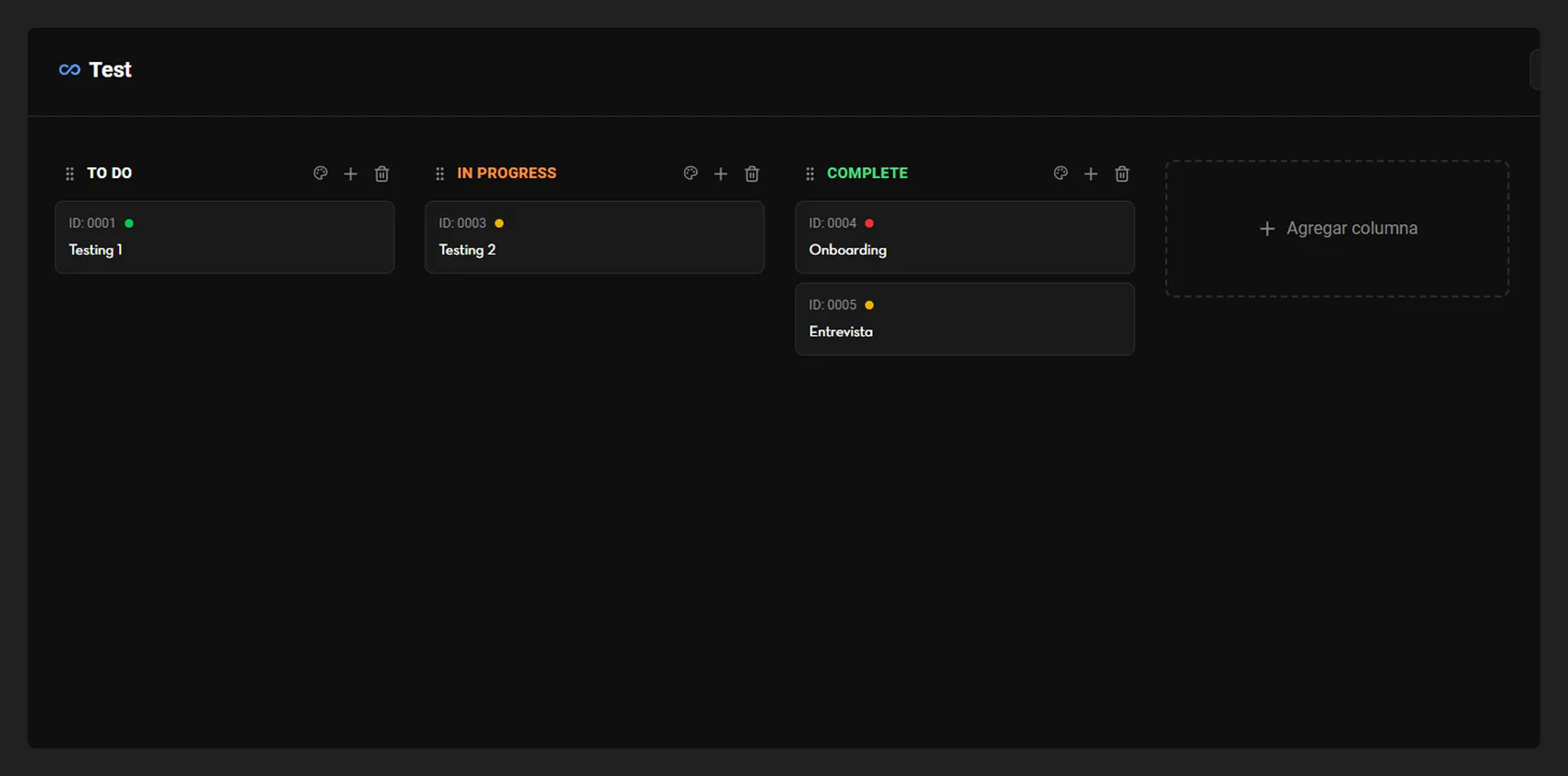 Tablero Kanban en modo oscuro con columnas TO DO, IN PROGRESS y COMPLETE, tarjetas de tickets con ID y puntos de prioridad de color